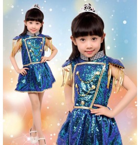 Peacock green sequined paillette girls kids child children school play stage performance modern dance jazz dance hip hop dance outfits dresses costumes